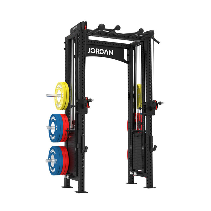 front angled view of the jordan j75 cable rack in black with weight plates