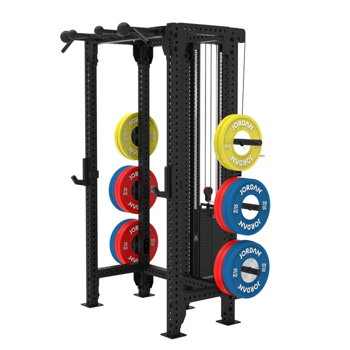 front angled view of the jordan j75 t rack with weight plates