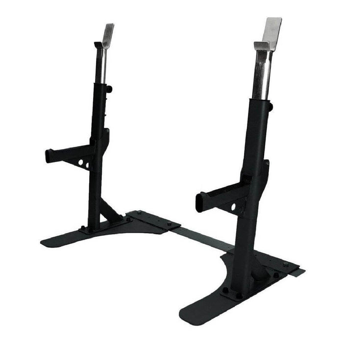 front angled view of the jordan premium heavy duty squat stand in black