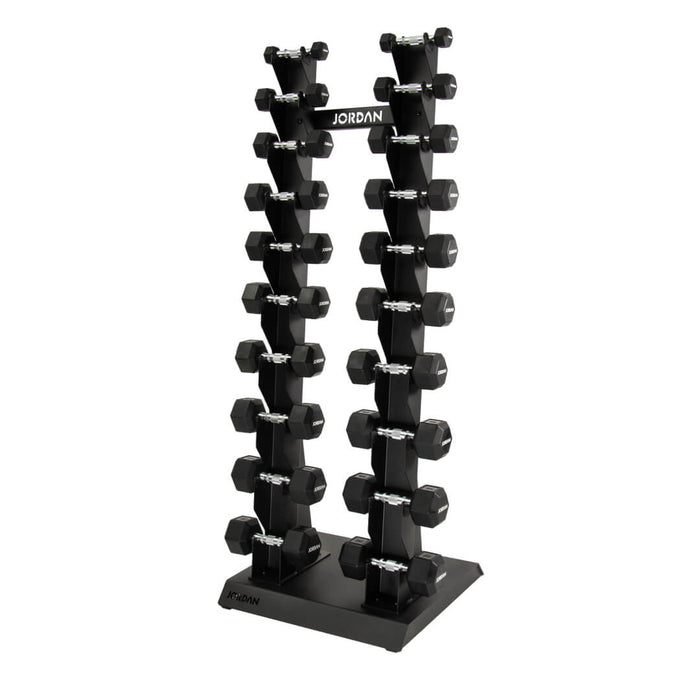 Jordan black vertical dumbbell rack with black hex dumbbells on the rack