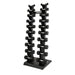 Jordan black vertical dumbbell rack with black hex dumbbells on the rack