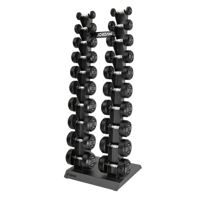 Jordan grey vertical dumbbell rack with grey jordan dumbbells on the rack