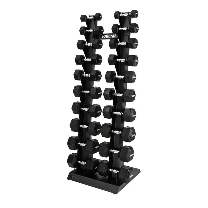 Jordan black vertical dumbbell rack with hex dumbbells on the rack