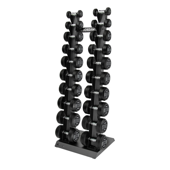 Jordan grey vertical dumbbell rack with grey dumbbells on the rack
