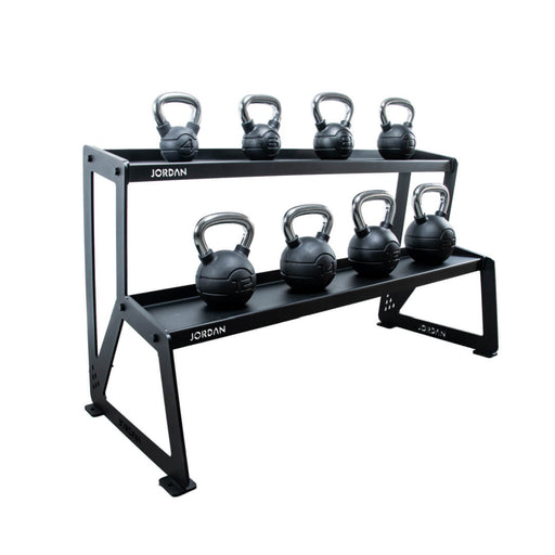 Black kettlebell rack with kettlebells on a white background