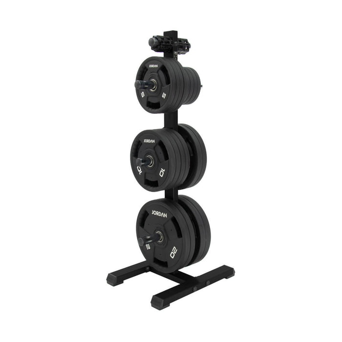 Black Olympic Weight Plate Tree filled with weight plates
