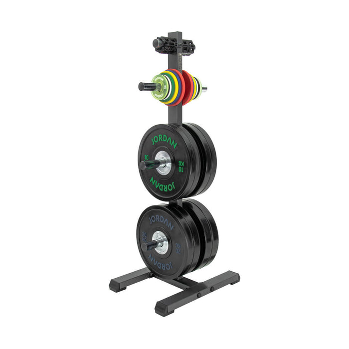 Grey Olympic Weight Plate Tree filled with weight plates
