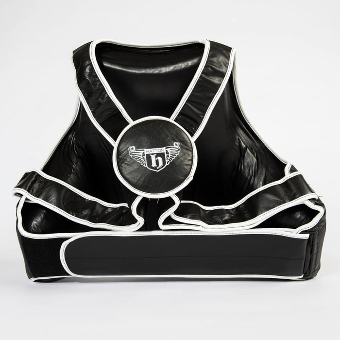 Back view of the hatton boxing bdy preotector pad in black with velcro straps