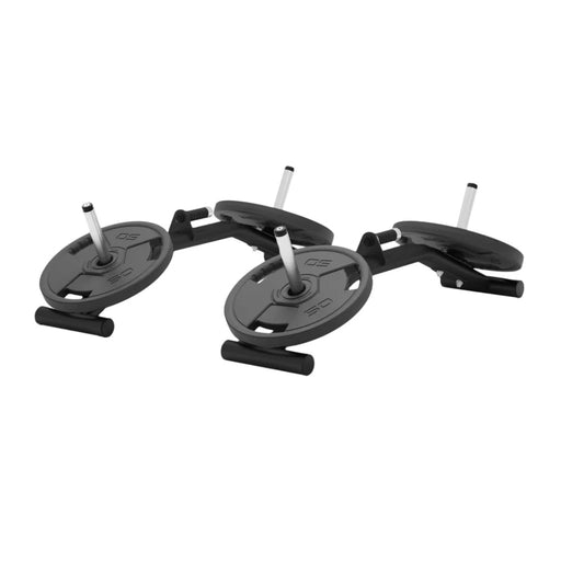 Front angle of the jordan farmer walk handles shown with weight plates
