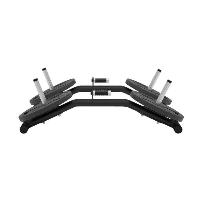Side angle of the jordan farmer walk handles shown with weight plates