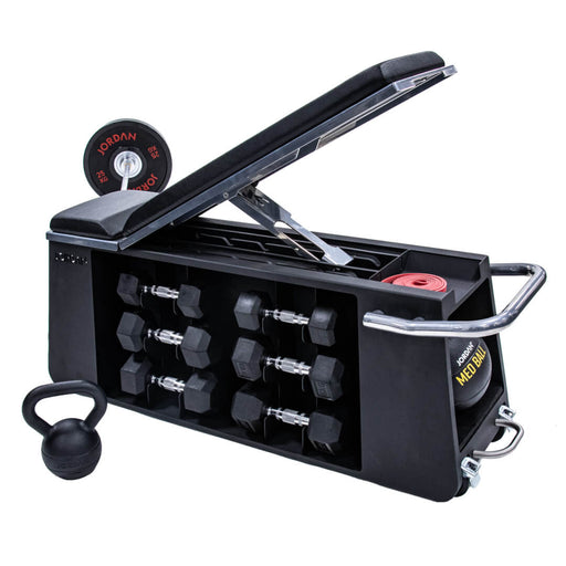Jordan Fusion HIIT Bench Filled with dumbbells, a med ball and a resistance band
