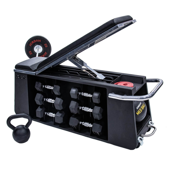 Jordan Fusion HIIT Bench Filled with dumbbells, a med ball and a resistance band