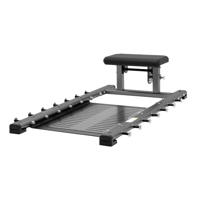 Front angle view of the Jordan glute hip thrust bench in grey