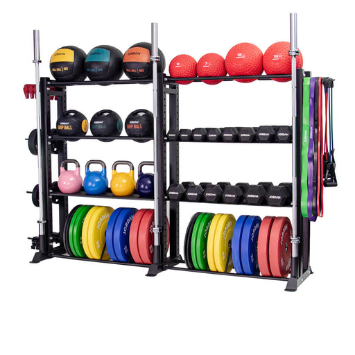 Front angle of the jordan helix multi gym storage rack filled with a range of gym equipment