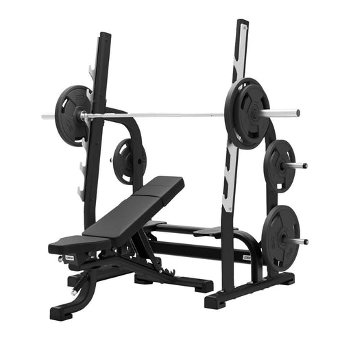 Multi adjustable weight bench in black shown with barbell and weight plates on the rack
