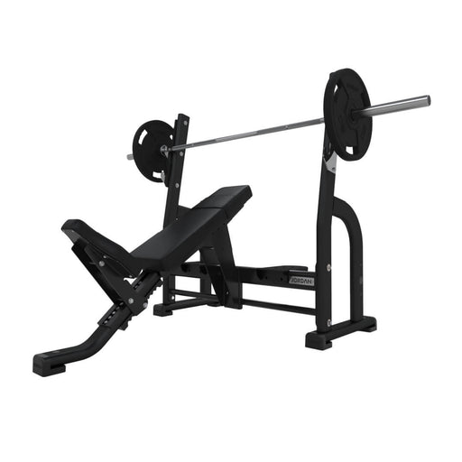 JORDAN Olympic Incline Bench in Black with a barbell and weight plates on the rack