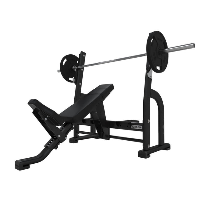 JORDAN Olympic Incline Bench in Black with a barbell and weight plates on the rack