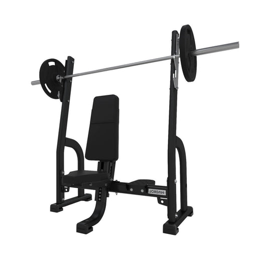JORDAN Olympic Shoulder Press Weight Bench in black with barbell and weight plates on the rack