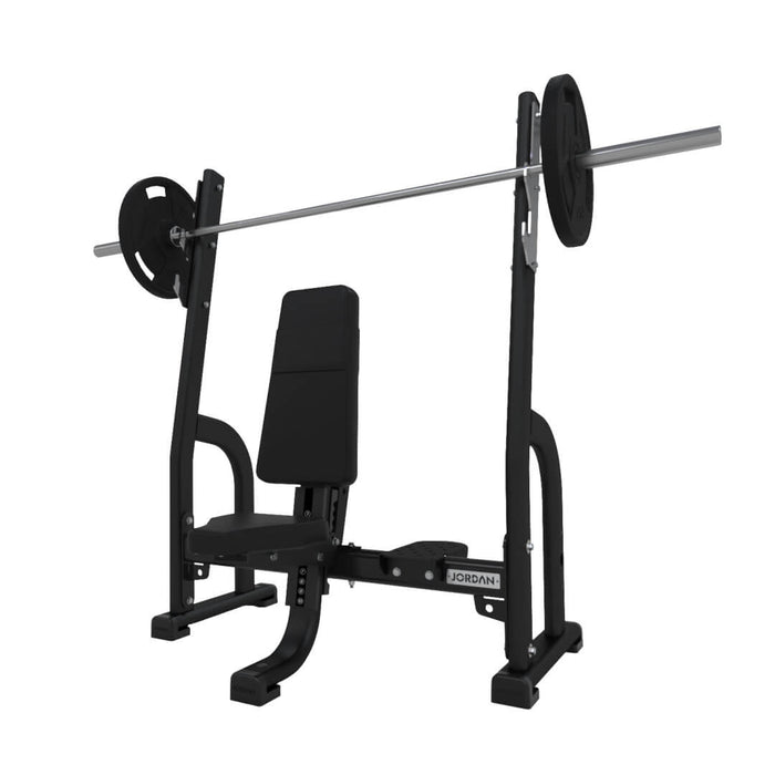 JORDAN Olympic Shoulder Press Weight Bench in black with barbell and weight plates on the rack