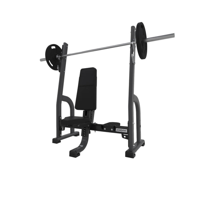 JORDAN Olympic Shoulder Press Weight Bench in grey with barbell and weight plates on the rack