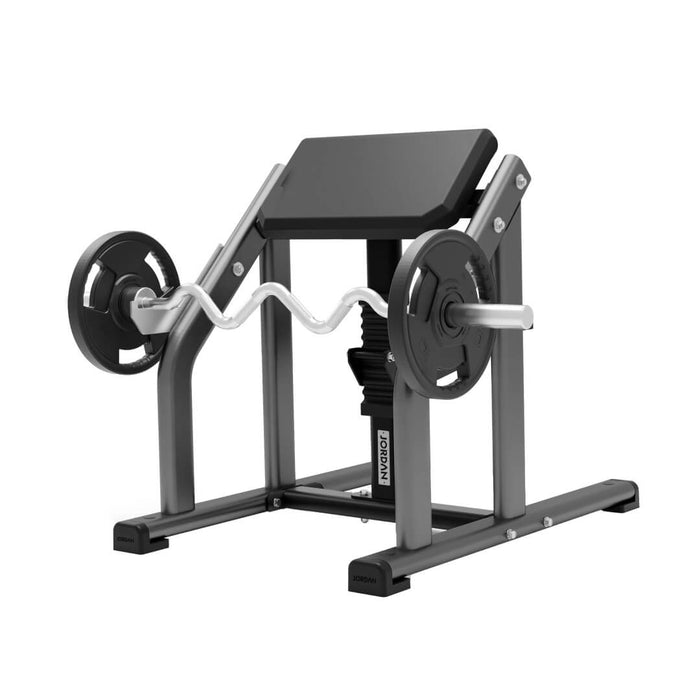 Front view of the jordan seated preacher curl bench in grey