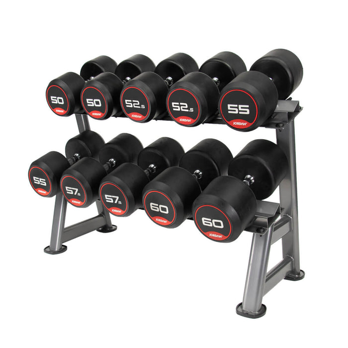 5 Sets of dumbbells on a 5-Pair, 2-Tier rack on a white background