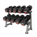 5 Sets of dumbbells on a 5-Pair, 2-Tier rack on a white background