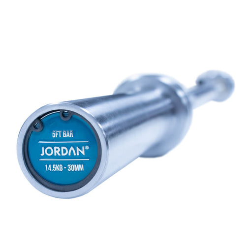 Close up of the side of the jordan 5ft steel series olympic bar