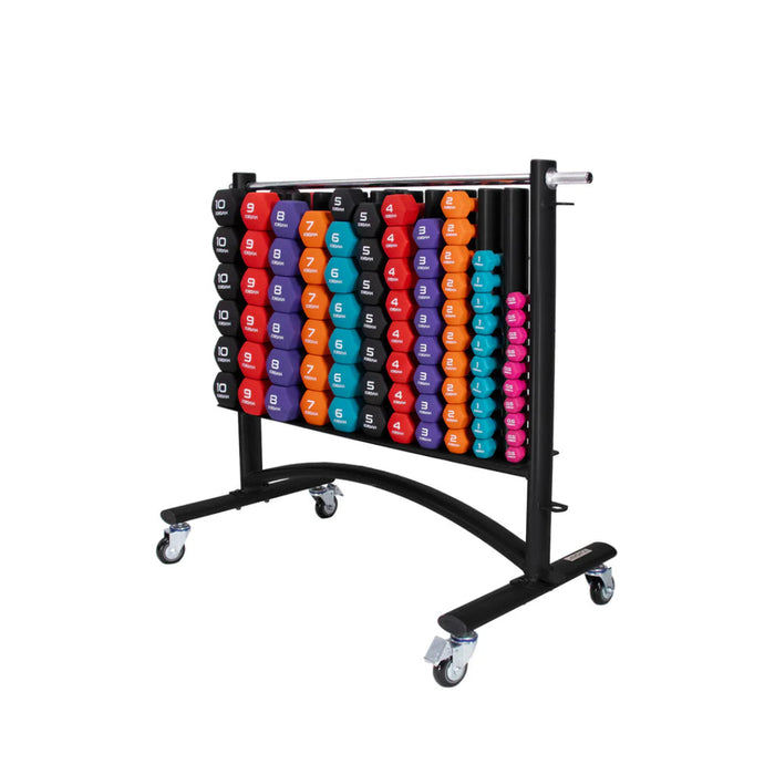 42 pairs of jordan hex neoprene studio dumbbells from 0.5kg-10kg with a black rack