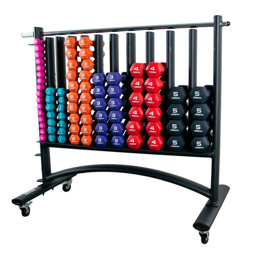 42 pairs of jordan hex neoprene studio dumbbells from 0.5kg-5kg with a black rack