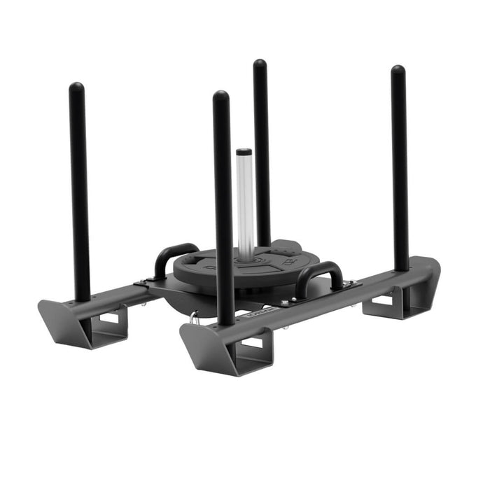 Jordan prowler sled in grey with a weight plate on the weight horn