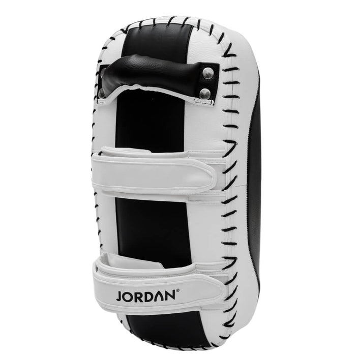 Back view of the jordan thai boxing pad in black and white with velcro straps