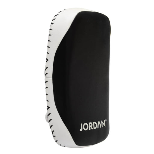 Front view of the jordan thai boxing pad in black and white 