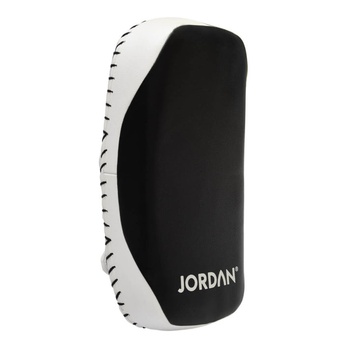Front view of the jordan thai boxing pad in black and white 