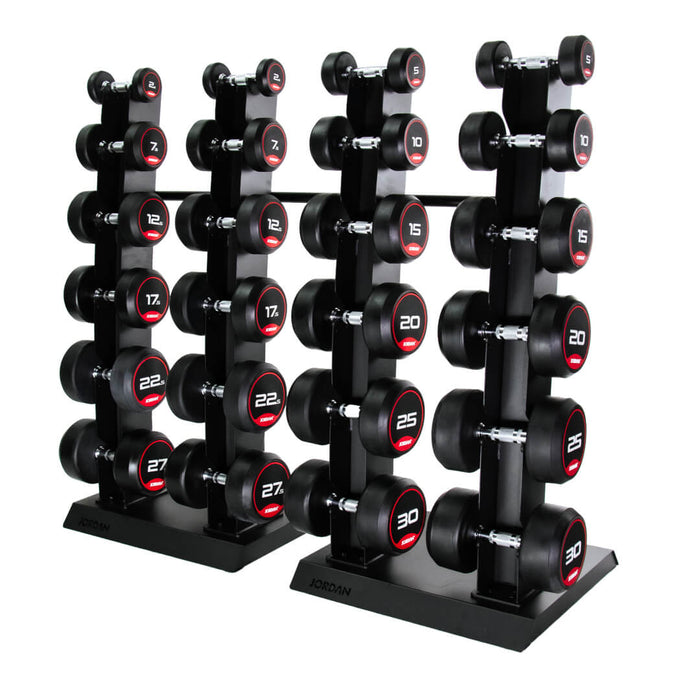 Jordan vertical dumbbell rack in black filled with dumbbells