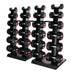 Jordan vertical dumbbell rack in black filled with dumbbells