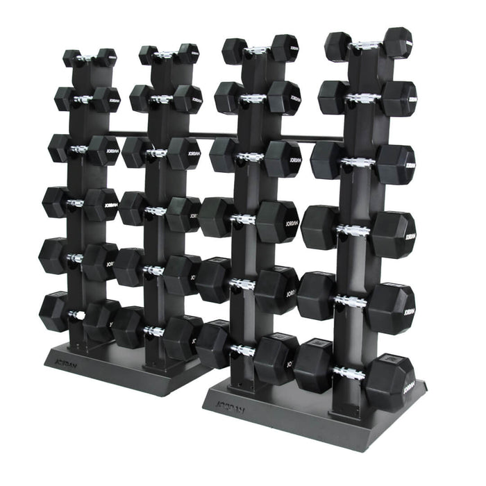 Jordan vertical dumbbell rack in grey filled with dumbbells