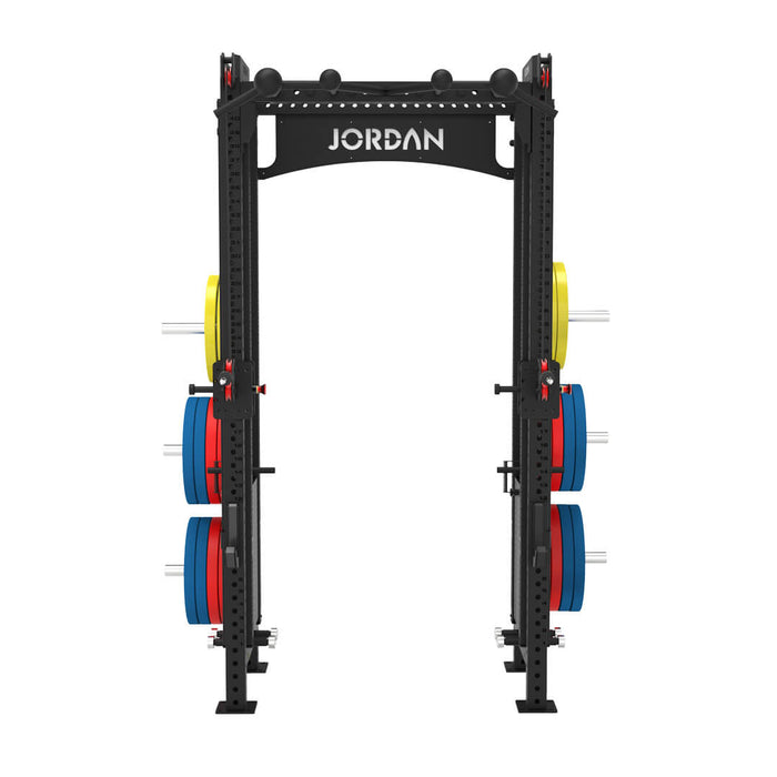 front straight view of the jordan j75 cable rack in black with weight plates
